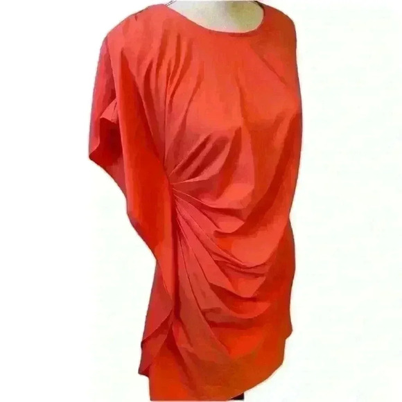 Coral/Orange Dress 🩷❤️🧡 Angie Asymmetrical Ruched Mini Dress Pink Orange - Picture 4 of 8